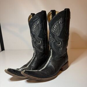 Mens Black Cowboy Boots Stingray Imitaition Leather Pointed Toe Sz 6 Arango Boot